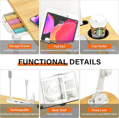 DECOSIS Laptop Bed Desk Height Adjustable, Bed Laptop Table with USB/Storage Drawer/Cup Holder/Tablet Stand/Book Shelf, Foldable Breakfast Tray Portable for Reading Writing, Bed, Sofa & Floor, Wood