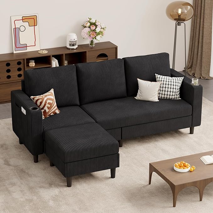 Upholstered Sectional Sofa and Couches, 78'' L Shaped 3-seat Sofa for Living Room, Apartment, Lounge,Bedroom-Washable Covers Convertible Sofas(Corduroy,Black)