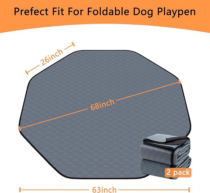 Bunlitent Washable Pee Pads for Dogs, 63'' Diagonal Octagon, 2 Pack, Grey | Designed for 24'' Width 8 Panels Dog Playpen, Non-Slip, Super Absorbent, Reusable, Waterproof, For Dog Playpen, Crate, Car
