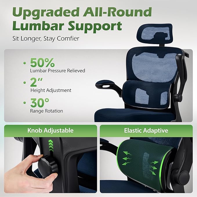 AreShark Office Chair Ergonomic Desk Chairs with Adjustable Lumbar Support& Headrest Hanger, High Back Breathable Mesh Chair with Wheels, Rolling Swivel Comfy Task Computer Chair for Home Work Gaming