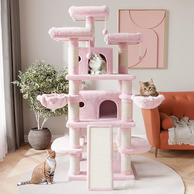SHA CERLIN 68 Inches Multi-Level Large Cat Tree for Large Kitties/Big Cat Tower with Condo/Cozy Plush ‌Pussycat Perches/Sisal Scratching Posts and Hammocks/Activity Center/Pink