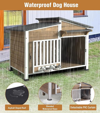 GUTINNEEN Heated Dog House Outdoor with Electric Heating Pad, Insulated Wooden Dog Kennel with 360° Rotating Feeding Bowl, Anti-Chewing Metal Frame, Brown