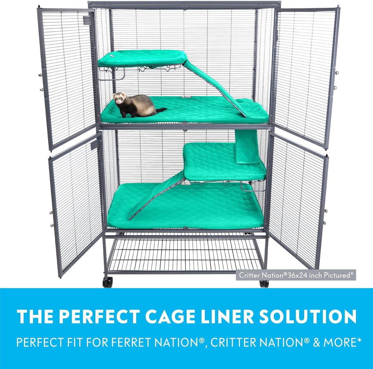 Paw Inspired Fitted Fleece Liners for Ferret Nation, Critter Nation Cage for Ferrets, Rats, Chinchillas, Hedgehogs & Other Small Animals (Green, Double Unit Set)