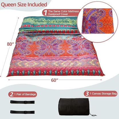 MAXYOYO Bohemian Futon Floor Mattress Boho Floral Style Japanese Tatami Mat Foldable Bed Portable Camping Sleeping Pad Lounger Couch Bed, Queen
