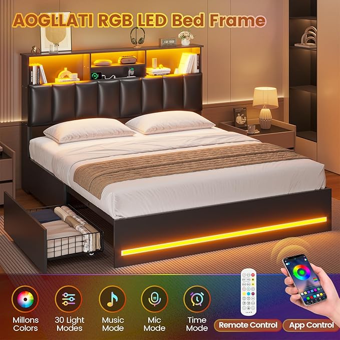 AOGLLATI Full Bed Frame with Stylish Bookcase Headboard & Charging Station & LED Lights,Full Size Bed Frame with 4 Storage Drawers and Metal Slats, No Box Spring Needed,Black