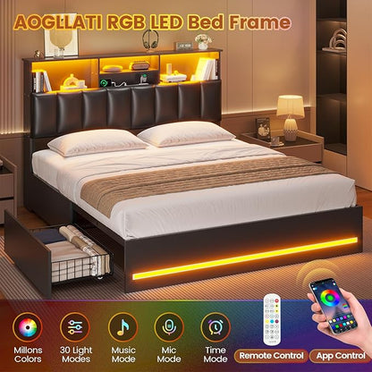 AOGLLATI Full Bed Frame with Stylish Bookcase Headboard & Charging Station & LED Lights,Full Size Bed Frame with 4 Storage Drawers and Metal Slats, No Box Spring Needed,Black