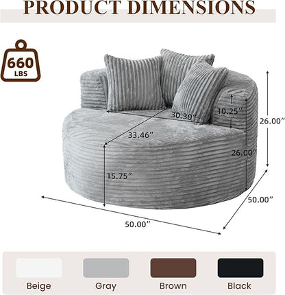 WJShome 50'' Corduroy Single Foam Couches, Oversized Round Chair with Pillows, Circle Chair Sleeper Couch,Modern Sleeper Boneless Sofa for Reading, Gray
