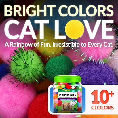 HA SHI Cat Toy Balls – 800-Pack Pom Pom Balls, Soft, Bouncy, Sparkle, Multi-Color & Mixed Sizes, No-Bell Toys for Indoor Cats & Kittens, Great for Quiet Night Play & Small Spaces