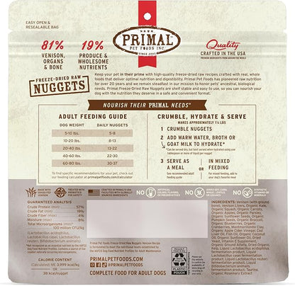 Primal Freeze Dried Raw Dog Food Nuggets, Venison, Complete & Balanced Meal, Also Use as Topper or Treat, Premium, Healthy, Grain Free, High Protein Raw Dog Food, 5.5 oz