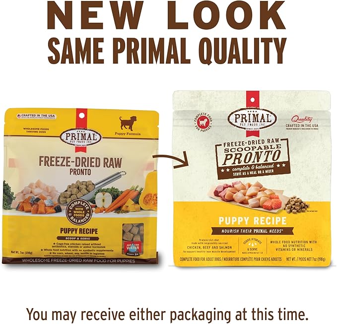 Primal Freeze Dried Puppy Dog Food, Pronto Mini Nuggets; Scoop & Serve, Complete & Balanced Meal; Also Use As Topper or Treat; Premium, Healthy, Grain Free, High Protein Raw Dog Food (25 oz,Pack of 2)
