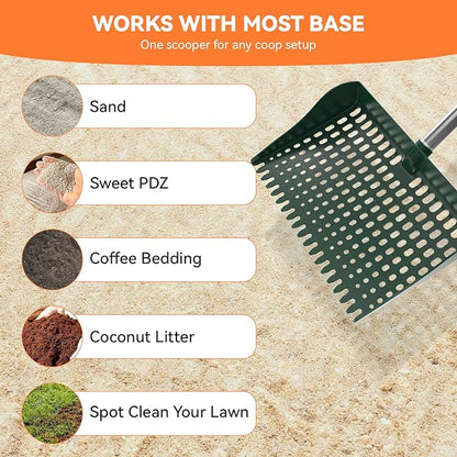 Chicken Poop Scooper & Rake 2-in-1, Pooper Scooper with 13in Wider PP Head & Adjustable Stainless Steel Handle, 33''-69'' Sand Sifting Shovel Litter Scooper for Chicken Coop/Small Farm Animals