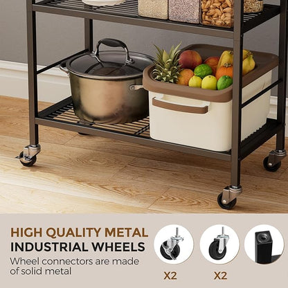 XIVIRACK 3-Tier Metal Storage Rack with Industrial Wheels,Mesh Shelving Unit with Wooden Table top,Adjustable Shelf,23.6-Inch Width,15.8-Inch Depth, for Kitchen, Laundry,Pantry,Plant,Black