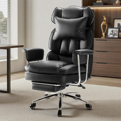 Sweetcrispy Executive Home Office Desk Chair - Ergonomic Big Tall High Back with Footrest & Lumbar Support, Reclining Height Adjustable, Comfy PU Leather Computer Gaming with Swivel Wheels, Black