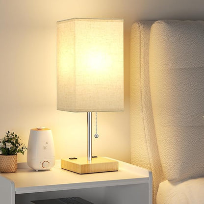 aooshine Wood Grain Small Table Lamp for Bedroom - 3 Color Temperature 3000K 5000K 4000K Bedside Lamp, Pull Chain Control, USB A and C Ports, Bulb Included