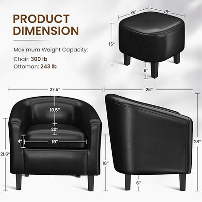 Yaheetech Accent Chair with Ottoman Set, Modern Faux Leather Upholstered Soft Barrel Chair and Footrest, Club Armchair and Footstool for Living Room/Bedroom/Reading Room/Guest Room, Black