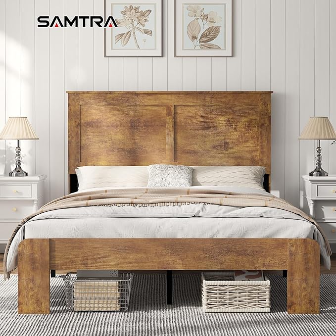 Wooden Bed Frame Full Size with Headboard, Farmhouse Platform Bedframe with Wood Slat Support, Sturdy Framework Bed Frame, Easy Assembly (Rustic Brown)
