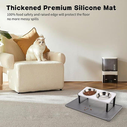 Upgraded Elevated Cat Bowls with Food Mat,15°Tilted Stand Anti Vomiting Raised Cat Dishes for Food and Water,2 Stainless Steel Bowls for Cats and Puppy（White）