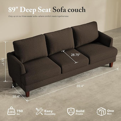 3 Seater Sofa Couch with Deep Seats, 89" Mid Century Modern Upholstered Sofa with Armrests, Comfy Couches for Living Room, Bedroom and Office, Linen Fabric Apartment Couch (Linen Brown)