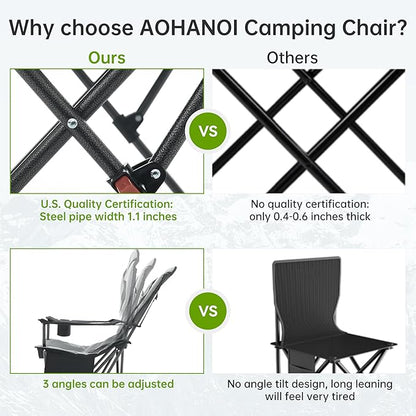 Aohanoi Camping Chairs, Portable Camp Chairs for Heavy People with Adjustable Angled Backrest, Outdoor Folding Camping Chairs for Outside Supports up to 350lbs, Carry Bag Included