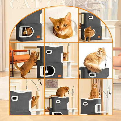 Cat Bed for Indoor Cats with Scratching Post Cat Beds Furniture Cave House 2-Storey Cats Hideaway Playhouse Condo with Fluffy Ball Toys for Pets Dark Grey