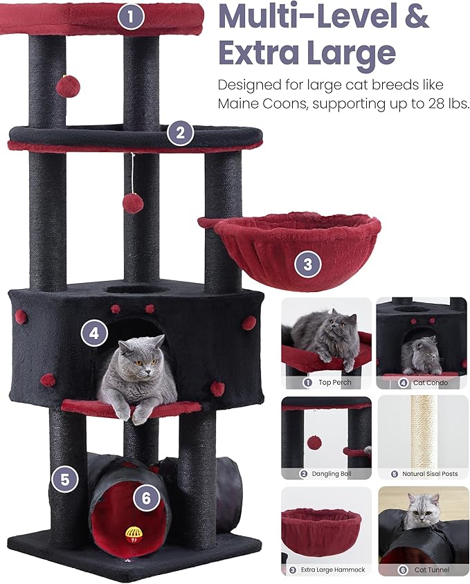 Cat Tree Tower for Indoor Cats Large Adult - Heavy Duty Extra Wide Scratching Post (φ4.4in) Maine Coon Condo House with Hammock Tunnel - 60 Inch XL Feline Bed Trees - Big Multi Level Cat Houses Stand