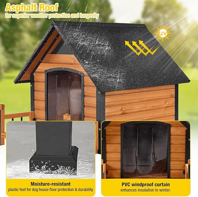 AIVITUVIN Dog House Outdoor Anti-Bite Metal Frame Design Wooden Dog Kennel Outside with Elevated Floor Weatherproof (Brown, 45" D x 32.9" W x 32.6" H)