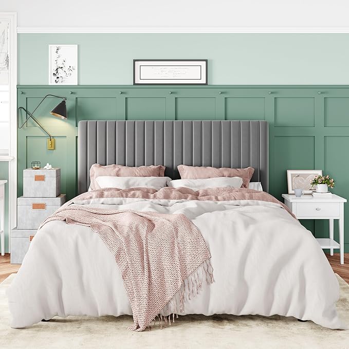 Allewie Queen Bed Frame, Velvet Upholstered Platform Bed with Adjustable Vertical Channel Tufted Headboard, Mattress Foundation with Strong Wooden Slats, Box Spring Optional, Easy Assembly, Grey