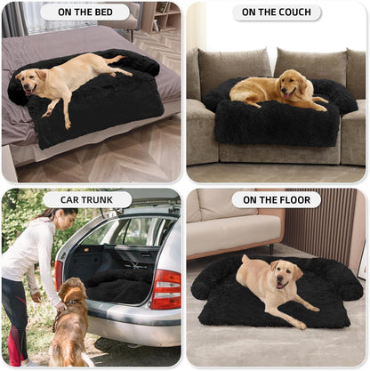 GGIB Calming Dog Bed Fluffy Plush Dog Mat for Furniture Protector with Removable Washable Cover for Large Medium Small Dogs and Cats (Extra Large (53x39.3x6), Black)
