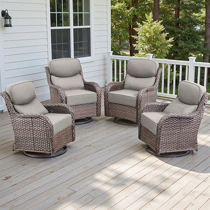 Rilyson Outdoor Swivel Rocker Chairs - All Weather Resistant Wicker Patio Furniture Set of 4 with High Back and 6 inch Thick Cushions for Deck Porch Yard and Poolside, Brown/Beige
