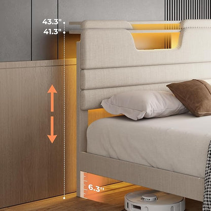 King Size Bed Frames with Upholstered Headboard, Modern Platform Bed with Charging Station and Led Lights, Bed Frame with Sturdy Wooden Slats/No Box Spring Needed/2-Tier Storage, Beige