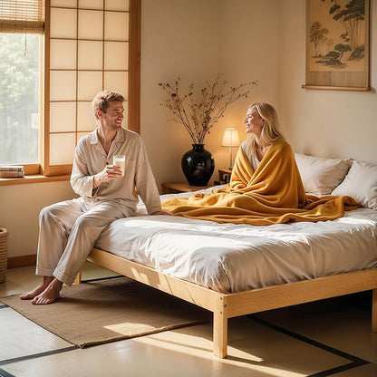 Hokway Wood Queen Bed Frame-No Wobble,Noise-Free,Easy Assembly with Precise Holes,12 in Wood Slat Support,No Box Spring Needed,Natural