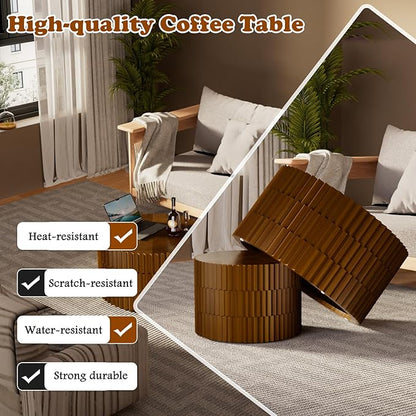 26.8" Round Coffee Table Set of 2 Wooden Nesting Coffee Tables Modern Circle Coffee Table Industrial Side Table Farmhouse Nesting Tables for Living Room Bedroom, Office (Walnut 26.8"+19.7")