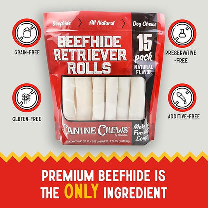 Canine Chews 8-9" Retriever Rolls for Large Dogs - Pack of 15 All-Natural Beef Hide Dog Chews for Aggressive Chewers - 3.7 lb.