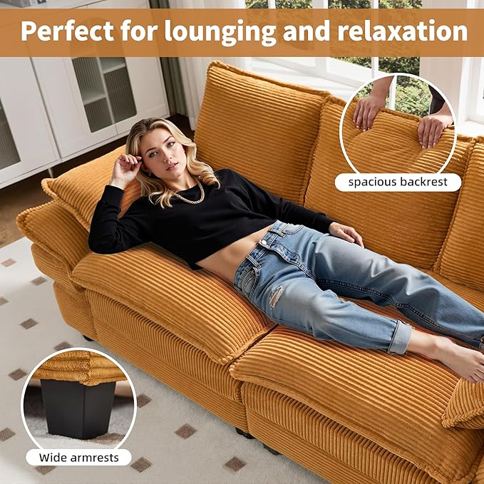 83" Loveseat Sofa, Cloud Couches for Living Room, Comfy Corduroy Couch with Deep Seat, Love Seat Couches for Bedroom, Apartment and Office, Easy Assemble for Small Space (Yellow)