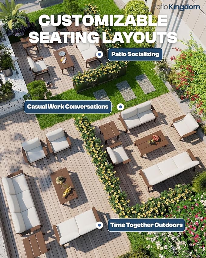 Patio Kingdom Patio Furniture Set 8 Seats, HDPE Outdoor Sectional with Beige Washable Thick Cushions, Coffee Table, Patio Conversation Sets for Lawn, Garden, Porch, Balcony, Deck (Brown Frame)
