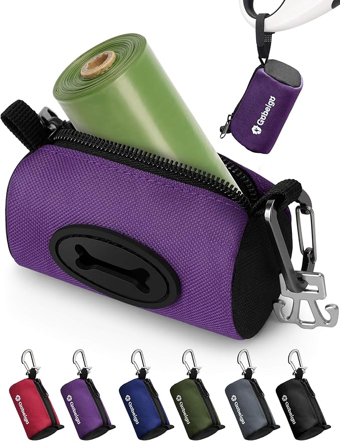 Gobeigo Dog Poop Bag Holder for Leash, Large Opening for Easy Pull Out, Doggy Poo Bag Dispenser with Used Waste Bag Carrier Suitable for Any Retractable Leash with 15 Unscented Bags (Purple)