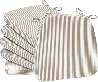 AAAAAcessories D-Shaped Chair Cushions, 2" Thick Dining Chair Pads with Ties and Removable, Machine-Washable Cover, 17" x 16", Set of 6, Natural Sand Pinstripe