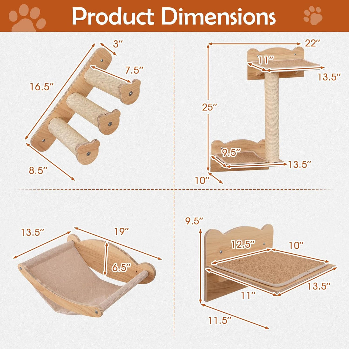 Tangkula Cat Wall Shelves, Wall Mounted 4pcs Kitten Furniture Set with Hammock, 2-Step Kitty Tree, Perch, Non-Slip Carpet Mat, Sisal Stairs & Scratching Posts, Wooden Cat Climber Steps (Natural)
