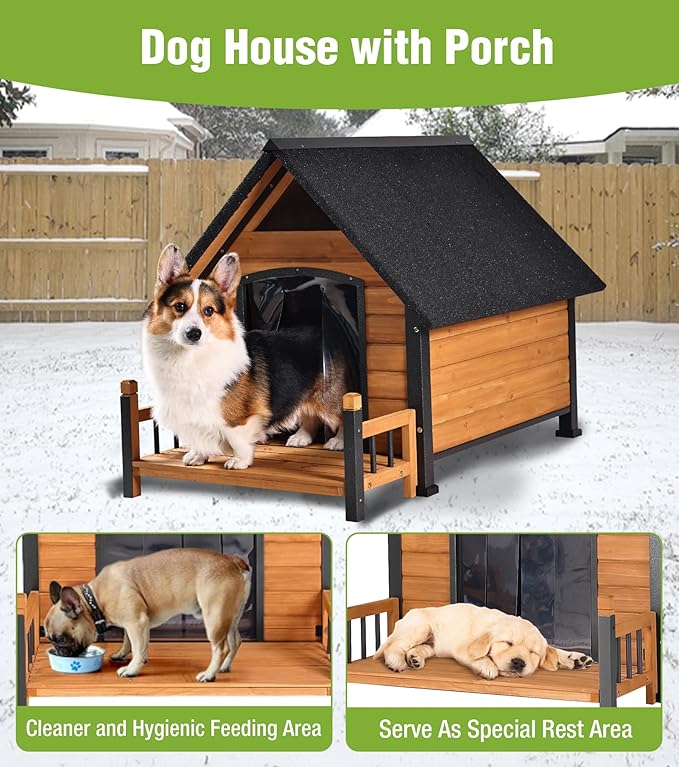 GUTINNEEN Insulated Dog House Outdoor, Waterproof Dog Kennel with Anti-Bite Design, Asphalt Roof, Elevated Base, PVC Curtain, for Small to Medium Dogs - Brown