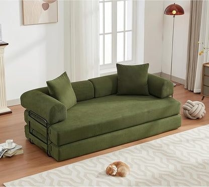 Convertible Sleeper Sofa Bed with Cylindrical Pillow, Corduroy Folding Mattress Couch with Fixed-Shape Frame, Floor Sofa Lounge Couch for Living Room Bedroom Lounge Studio-Green