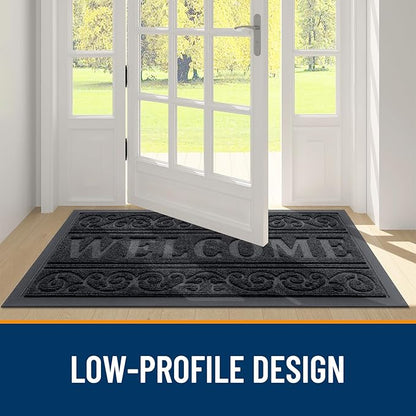 OLANLY Welcome Door Mat Indoor Outdoor Entrance, Heavy Duty Sturdy Front Door Mat, Waterproof All-Weather Doormat, Stain Resistant, Low Profile, Easy Clean Patio Entryway Mat, 29.5 x 17, Black