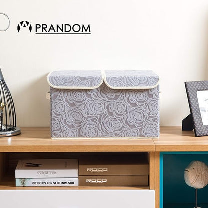 PRANDOM Large Foldable Storage Bins with Lids Fabric Decorative Storage Box Cubes Organizer Containers Baskets with Cover Handles Removable Divider for Home Bedroom Closet 17.3x11.8x9.8 Inch 3 Pack
