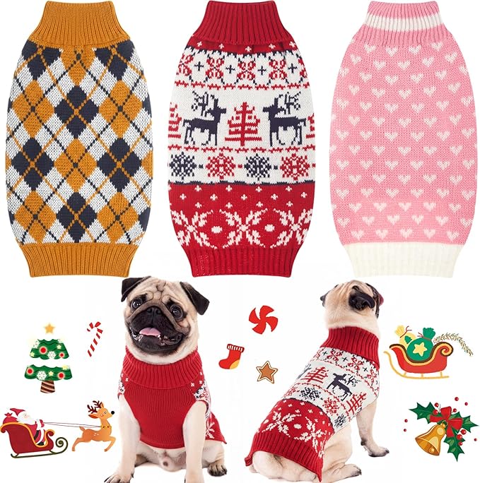 Sanwuta 3 Pieces Thanksgiving Christmas Valentines Day Dog Sweaters Sets Pumpkin Turkey Santa Puppy Dog Clothes Pet Knitwear for Puppy Doggie Cat Pet Costume(Medium)