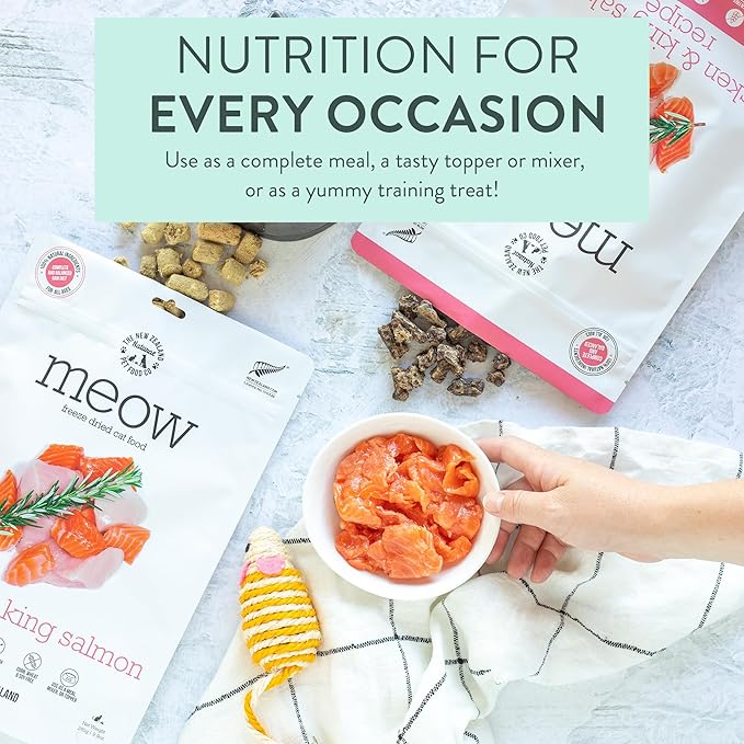 The New Zealand Natural Pet Food Co Meow e - Chicken & King Salmon Recipe, Dry Cat Food Use as a Complete Diet, Topper, Mixer, or as Cat Training Treats, All Life Stages, 3.5 oz