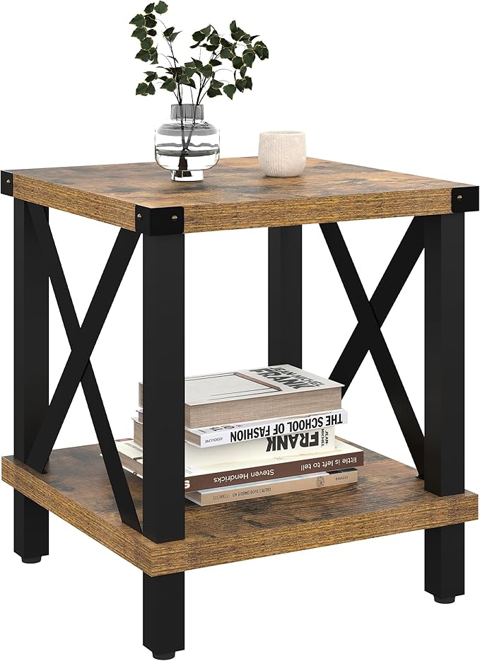 Large End Table Farmhouse Side Table Industrial Style Sofa Table Coffee Table Metal X Accent Wood End Table NightStand with Storage Shelf for Living Room Bedroom MLBZ16R
