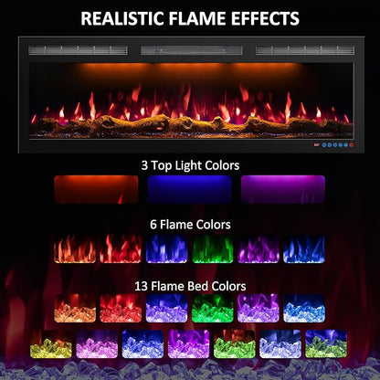 72 Inch WiFi-Enabled Electric Fireplace Inserts & Wall Mounted, Slim Electric