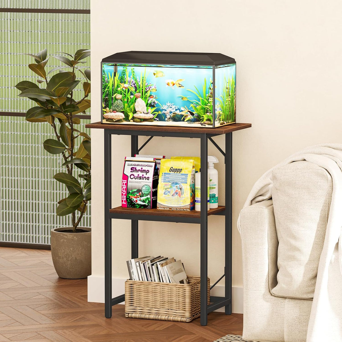 Snughome 10-20 Gallon Fish Tank Stand, Aquarium Stand 2-Tier Storage Shelves, Heavy Duty Terrarium Stand for Home Office Fish Tank Shelf, 24" L x 11.8" W x 30.7" H, Rustic Brown