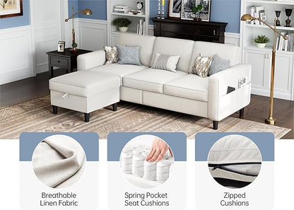 Sectional Sofas Couches for Living Room Convertible 3 Seater L Shaped Couch with Removable Storage Ottoman 78" Modern Linen Beige Sofa for Apartments Studios Dorms Small Spaces