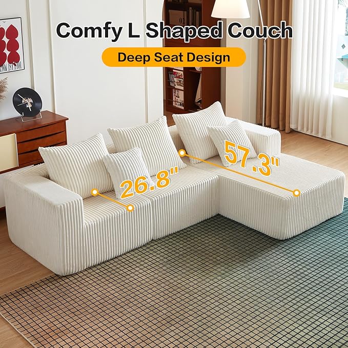 100.7" Boneless Couches for Living Room, Fully Memory Foam Sofa with Deep Seat, L Shape Sectional Couch Corduroy Fabric, Compressed Sofa in a Box,No Assembly Required (Beige, Right Facing Chaise)