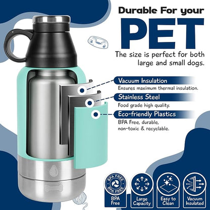 Portable Dog Water Bottle with 2 Removable Water Bowls for Dogs – Leak-Proof Insulated Stainless Steel Dog Water Bottle - Travel Accessories for Dogs - 32oz - Teal